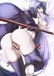 Rule 34 | 1girl, anus, ass, bad id, bad pixiv id, bare shoulders, black thighhighs, blue hair, breasts, censored, fang, feet, female focus, female pubic hair, gradient background, large breasts, looking back, nipples, open mouth, pubic hair, pussy, red eyes, saitou dousan (sengoku bushouki muramasa), sengoku bushouki muramasa, smile, solo, staff, thighhighs, toeless legwear, toes, yohane