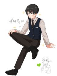 Rule 34 | 1girl, absurdres, amano subaru (kaju 4), asymmetrical sidelocks, black eyes, black hair, black necktie, black shoes, black socks, blue vest, breast pocket, brown pants, brown shirt, character age, character name, collared shirt, crossdressing, crossed legs, dress shirt, hand on own knee, height, highres, kaju 4, long sleeves, multiple views, necktie, original, pants, parted lips, pocket, reverse trap, sanpaku, shirt, shoes, short hair, sitting, socks, sparkle, undercut, vest, waistcoat