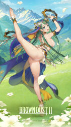1girl anklet armlet armpits artist_request ass barefoot blue_eyes blue_veil blush bra bracelet braid breasts brown_dust_(series) brown_dust_2 collar copyright_name dancer falling_petals field flower flower_field from_behind from_side grass green_eyes head_wreath highres holding holding_instrument instrument jewelry large_breasts long_hair looking_at_viewer metal_collar mountainous_horizon official_art official_wallpaper open_mouth panties petals second-party_source sideboob smile solo split standing standing_on_one_leg standing_split tambourine teeth toes underwear upper_teeth_only veil venaka_(brown_dust_2) very_long_hair white_bra white_panties