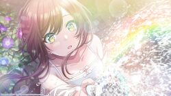 1girl blue_shirt blush breasts cleavage collarbone day eye_reflection flower from_above hair_between_eyes hair_bun highres holding holding_hose hose idolmaster idolmaster_shiny_colors long_hair looking_up medium_breasts official_alternate_hairstyle official_art open_mouth osaki_amana outdoors rainbow rainbow_gradient red_hair reflection shirt sidelocks single_hair_bun solo spraying swept_bangs tank_top water water_drop wide-eyed yellow_eyes