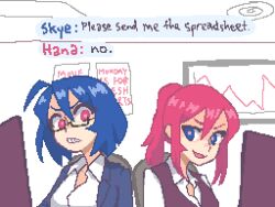 2girls animated animated_gif black-framed_eyewear blue_eyes blue_hair collared_shirt english_text glasses hana_(hcnone) hcnone indoors looking_at_viewer multiple_girls office_lady open_mouth original parted_lips pink_eyes pink_hair pixel_art ponytail rectangular_eyewear semi-rimless_eyewear shirt short_hair short_ponytail skye_(hcnone) smile under-rim_eyewear white_shirt