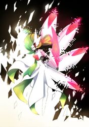 arm_blade bob_cut closed_eyes colored_skin dress gardevoir gen_3_pokemon glitch glowing green_hair green_skin hair_over_one_eye iron_valiant multicolored_skin nintendo no_feet pokemon pokemon_(creature) two-tone_background two-tone_skin weapon white_dress white_skin yami11