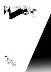 2boys 2girls absurdres aged_down baseball_cap carrying child coat commentary_request dress emporio_alnino greyscale hair_bun hat highres jojo_no_kimyou_na_bouken kimeohandream korean_commentary kuujou_jolyne kuujou_joutarou long_dress monochrome mrs._kujo multicolored_hair multiple_boys multiple_girls pointing running shoulder_carry sideways sideways_glance stone_ocean two-tone_hair