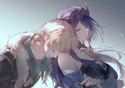 1boy 1girl absurdres acheron_(honkai:_star_rail) aventurine_(honkai:_star_rail) black_coat blonde_hair breasts closed_eyes coat commentary crop_top crossed_arms english_commentary fur-trimmed_coat fur_trim grey_background hand_on_another&#039;s_shoulder highres honkai:_star_rail honkai_(series) iiumiarts large_breasts long_hair purple_eyes purple_hair short_hair
