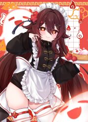 1girl absurdres black_nails black_shirt black_shorts boo_tao_(genshin_impact) brown_eyes brown_hair commentary_request cowboy_shot flower-shaped_pupils genshin_impact hair_between_eyes hair_ornament hairclip highres holding holding_plate hu_tao_(genshin_impact) ineka_ka long_hair long_sleeves looking_at_viewer maid_headdress nail_polish plate shirt short_shorts shorts skindentation smile solo symbol-shaped_pupils thighhighs twintails very_long_hair white_thighhighs
