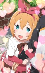 Rule 34 | 1boy, 1girl, age difference, alternate costume, blue eyes, blush, bow, brown bow, hair between eyes, hairband, heart, heart print, highres, long sleeves, looking at viewer, natsuki subaru, official art, open mouth, orange hair, outdoors, petra leyte, re:zero kara hajimeru isekai seikatsu, re:zero kara hajimeru isekai seikatsu: lost in memories, red hairband, smile, teenage boy and younger girl