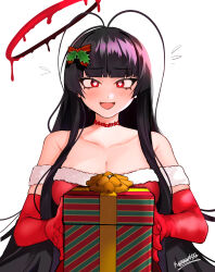 Rule 34 | 1girl, absurdres, antenna hair, black hair, blood, blood halo, blue archive, breasts, choker, christmas present, cleavage, commentary, dress, elbow gloves, english commentary, flying sweatdrops, gift, gloves, halo, heart, heart-shaped pupils, highres, holding, holding gift, kumaartsu, large breasts, liquid halo, long hair, looking at viewer, open mouth, red choker, red dress, red eyes, red gloves, santa costume, santa dress, simple background, solo, symbol-shaped pupils, tsurugi (blue archive), very long hair, white background