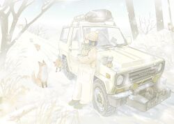 1girl animal backpacking_stove beanie black_hair car fox hat jettoburikku motor_vehicle original overalls portable_stove scarf snow spare_tire sports_utility_vehicle tanuki torii toyota tree unused_tire winch winter
