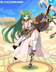 1girl absurdres ancient_greek_clothes armlet artist_name bare_shoulders belt breasts chain chiton circlet collarbone dress forehead_jewel gold gold_chain greco-roman_clothes green_eyes green_hair highres holding holding_staff jewelry kid_icarus kid_icarus_uprising large_breasts laurel_crown long_hair multiple_belts neck_ring nintendo palutena parted_bangs patreon_logo pendant scrimblocrimbo side_slit single_thighhigh smile solo staff strapless strapless_dress thighhighs tiara vambraces very_long_hair white_dress white_thighhighs