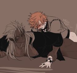 Rule 34 | 2boys, anal, ass, black shirt, blonde hair, blush, checkered wristband, closed eyes, dark-skinned male, dark skin, grey hair, holding another&#039;s wrist, jewelry, kingdom hearts, long hair, looking at another, lying, male focus, male penetrated, multiple boys, necklace, nekokat42, nipples, no pants, on stomach, open mouth, orange eyes, partially unbuttoned, pectorals, pointy ears, ring, roxas, sex, sex from behind, shirt, short hair, size difference, smile, spiked hair, sweat, thighs, toned, toned male, wristband, xemnas, yaoi