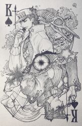 2boys 70491014_(argon-1014-) adjusting_clothes adjusting_headwear bad_id bad_pixiv_id card_(medium) chain coat dual_persona from_side gakuran graphite_(medium) hat jojo_no_kimyou_na_bouken king_(playing_card) king_of_spades kuujou_joutarou male_focus multiple_boys photo_(medium) rotational_symmetry school_uniform skeleton spade star_(symbol) traditional_media water