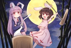 2girls animal_ears bamboo blazer blush brown_hair carrot_necklace closed_mouth crossed_arms dress food full_moon highres imperishable_night inaba_tewi jacket jewelry kibisake kine long_hair mallet midriff_peek mochi mochitsuki moon moon_rabbit multiple_girls navel necklace night night_sky open_mouth plaid_clothes plaid_skirt purple_hair rabbit_ears red_eyes red_neckwear reisen_udongein_inaba ribbon-trimmed_dress ribbon_trim skirt sky smile touhou