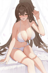 1girl absurdres azur_lane bare_shoulders bed bed_sheet bikini blush breasts brown_hair cleavage collarbone commentary commentary_request english_commentary falling_petals fingernails frilled_bikini frills hair_between_eyes halterneck hand_up highres large_breasts licking_lips lion_(azur_lane) lion_(the_reclining_dandelion)_(azur_lane) long_hair looking_at_viewer mixed-language_commentary navel ningri_(lianyungangwyz) official_alternate_costume on_bed petals ponytail sitting smile solo stomach swimsuit thighs tongue tongue_out very_long_hair white_background white_bikini white_petals yellow_eyes