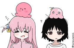 Rule 34 | 2girls, = =, ?, alien, artist name, black hair, bocchi the rock!, brown eyes, crossover, cube hair ornament, gotoh hitori, gotoh hitori (octopus), hair ornament, jacket, kuze shizuka, light blush, long hair, multiple girls, open mouth, pink hair, pink jacket, shirt, short hair, simple background, t-shirt, takopii, takopii no genzai, upper body, white background, white shirt, yunayuispink