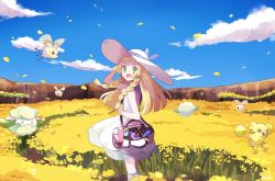 1girl bad_id bad_twitter_id bag blonde_hair braid cloud cosmog cottonee creatures_(company) cutiefly day dress duffel_bag field flower flower_field game_freak gen_5_pokemon gen_7_pokemon green_eyes hand_on_headwear hat legendary_pokemon lillie_(pokemon) long_hair looking_to_the_side mei_(maysroom) nintendo open_mouth oricorio petals poke_ball_theme pokemon pokemon_(creature) pokemon_sm sky sleeveless sleeveless_dress sun_hat twin_braids white_dress white_headwear