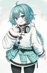 08_m_latte 1girl :q ahoge aqua_hair black_choker black_pantyhose blush braid braided_ponytail choker closed_mouth clothes_around_waist commentary cowboy_shot cropped_legs green_eyes green_hair hair_ornament hairclip hakka_(vrchat) headphones headphones_around_neck highres hood hoodie jacket jacket_around_waist licking_lips long_hair long_sleeves looking_at_viewer pantyhose pointing pointing_at_self single_braid smile solo tongue tongue_out vrchat white_hoodie white_jacket