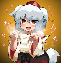 Rule 34 | 1girl, black skirt, blush, cowboy shot, detached sleeves, ears down, fang, hair between eyes, hari oekaki, hat, heart, heavy breathing, highres, inubashiri momiji, looking up, medium hair, open mouth, paw pose, pom pom (clothes), red eyes, shirt, skin fang, skirt, sleeveless, sleeveless shirt, smile, solo, tokin hat, touhou, white hair, white shirt, yellow background