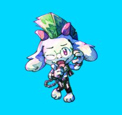1boy animal_ears commentary deltarune english_commentary furry furry_male goat_boy goat_ears goat_horns green_hair holding holding_microphone horns jumpingwjoy microphone mohawk official_alternate_costume open_mouth ralsei ralsei_(lightners_live) smile