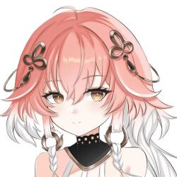 1girl ahoge bare_shoulders braid changli_(wuthering_waves) closed_mouth gradient_hair hair_between_eyes hair_ornament long_hair looking_at_viewer multicolored_hair pink_hair portrait simple_background smile solo upper_body white_background white_hair wumingdeqijiang wuthering_waves yellow_eyes