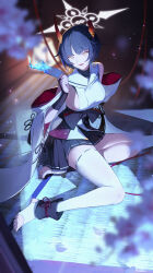 1girl absurdres bare_shoulders black_hair black_nails black_sash black_skirt blue_archive blunt_bangs breasts broken_horn demon_girl demon_horns detached_sleeves highres holding holding_paper horns japanese_clothes jiang_zhuti_jiojio kimono looking_at_viewer nail_polish niya_(blue_archive) no_shoes open_mouth paper sash short_hair sideboob sidelocks skirt smile solo stirrup_legwear thighhighs toeless_legwear toenail_polish toenails white_kimono white_thighhighs yellow_eyes
