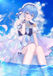 Rule 34 | 1girl, :d, absurdres, beret, blue dress, blue eyes, blue hair, blue nails, blue sky, bow, brooch, cloud, commentary, cumulonimbus cloud, day, detached sleeves, dress, epaulettes, fingerless gloves, gloves, hair between eyes, hair bun, hat, highres, hololive, hoshimachi suisei, hoshimachi suisei (supernova), jewelry, long hair, looking at viewer, nolc, official alternate costume, open mouth, outdoors, puffy detached sleeves, puffy sleeves, short dress, side cape, side ponytail, side up bun, single epaulette, single sidelock, sitting, sky, smile, soaking feet, solo, star (symbol), star brooch, star in eye, symbol in eye, virtual youtuber, waist bow, white dress, white gloves, white hat