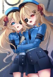 2girls absurdres black_gloves black_necktie blue_eyes blue_hat blue_shirt blue_shorts breasts broken_heart broken_heart_hair_ornament brown_hair caroline_(persona_5) caroline_(persona_5)_(cosplay) chain clipboard collared_shirt cosplay cowboy evil_neuro-sama eyepatch fang gloves hair_between_eyes hair_ornament hair_ribbon hashtag-only_commentary hat heart heart_hair_ornament highres justine_(persona_5) justine_(persona_5)_(cosplay) light_blush long_hair long_sleeves looking_at_viewer medium_breasts multiple_girls necktie neuro-sama open_mouth persona persona_5 qyuuwaii red_eyes red_ribbon ribbon shirt shirt_tucked_in shorts siblings signature sisters standing twins two_side_up vedal_ai virtual_youtuber walkie-talkie western