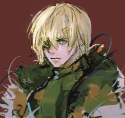 1boy armor black_armor black_fur blonde_hair blue_eyes breastplate dimitri_alexandre_blaiddyd dimitri_alexandre_blaiddyd_(timeskip) eyepatch fire_emblem fire_emblem:_three_houses hair_behind_ear hair_between_eyes lno408 looking_ahead male_focus nintendo one_eye_covered red_background sanpaku simple_background solo white_fur