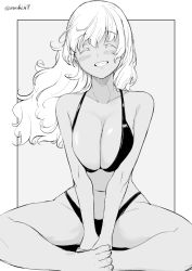 1girl bikini black_bikini blush border breasts cleavage closed_eyes commentary_request dark-skinned_female dark_skin female_focus grey_background greyscale grin kichihachi large_breasts long_hair lotus_position monochrome navel original smile solo swimsuit twitter_username white_border white_hair