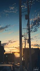 Rule 34 | absurdres, banishment, blue sky, building, car, cloud, commentary request, gradient sky, highres, motor vehicle, no entry sign, orange sky, original, power lines, road, road sign, scenery, sign, signature, sky, sunset, town, traffic light, utility pole