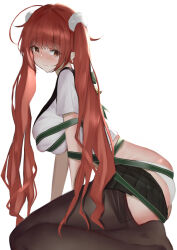 1girl ass azur_lane black_pantyhose black_skirt blush bound breasts feet_out_of_frame from_side highres honolulu_(azur_lane) honolulu_(manjuu_mischief)_(azur_lane) large_breasts legs ljpwow long_hair panties pantyhose red_eyes red_hair shirt sitting skirt skirt_down solo underwear white_background white_panties white_shirt