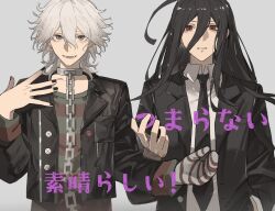 2boys :d black_hair black_jacket black_nails black_necktie chain chain_leash chouti_ttt collar danganronpa_(series) danganronpa_2:_goodbye_despair danganronpa_another_episode:_ultra_despair_girls grey_background grey_hair grey_shirt hair_between_eyes highres jacket kamukura_izuru komaeda_nagito leash long_hair long_sleeves lower_teeth_only male_focus metal_collar mittens multiple_boys nail_polish necktie open_clothes open_jacket open_mouth red_shirt shirt simple_background single_mitten smile striped_clothes striped_shirt teeth tongue translation_request
