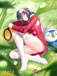 Rule 34 | 1girl, absurdres, aged up, asrkty, bag, beanie, blue eyes, blue hair, breasts, dawn (pokemon), feet, gen 4 pokemon, hair ornament, half updo, hat, highres, jacket, long hair, looking at viewer, medium breasts, nature, nintendo, no shoes, outdoors, piplup, poke ball, poke ball (basic), pokemon, pokemon dppt, pokemon platinum, red jacket, scarf, shoulder bag, solo, thighhighs, white hat, white scarf, white thighhighs
