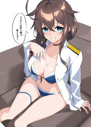 Rule 34 | 1girl, absurdres, arm behind back, bikini, blue bikini, blue eyes, blush, breasts, brown hair, cleavage, from above, front-tie bikini top, front-tie top, grin, hair between eyes, hand on own chest, hand up, happy birthday, highres, jacket, jewelry, kantai collection, large breasts, long hair, looking at viewer, looking up, medium breasts, military jacket, navel, open clothes, open jacket, ring, shiba (zudha), shigure (kancolle), shigure kai san (kancolle), shigure kai san (swimsuit) (kancolle), sitting, smile, solo, swimsuit, thigh strap, translation request, wedding ring, white jacket