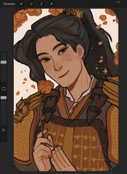 Rule 34 | 1boy, armor, art program in frame, black hair, breastplate, brown eyes, brown hanfu, chinese armor, closed mouth, dragon print, flower, full armor, head tilt, high ponytail, highres, holding, holding flower, looking at viewer, male focus, orange flower, orange hanfu, orange petals, orange rose, orange theme, pei ming, petals, ponytail, rose, rose petals, rounded corners, russian commentary, shoulder armor, smile, solo, sparkle, tianguan cifu, upper body, white background, xiao guan (headdress), yaroslava murashko