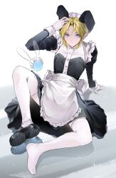1boy alternate_costume animal_ears apron black_footwear black_skirt blonde_hair blue_eyes crossdressing enmaided fake_animal_ears highres link maid maid_apron maid_headdress navi nintendo pointy_ears rabbit_ears sitting skirt the_legend_of_zelda the_legend_of_zelda:_ocarina_of_time thighhighs tikoto_2023 white_thighhighs