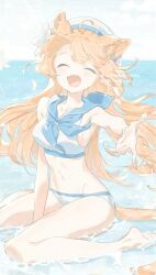 1girl :d ^_^ animal_ear_fluff animal_ears artist_name barefoot bikini blue_neckerchief blue_sailor_collar closed_eyes commentary_request fangs flower hair_flower hair_ornament hat highres kinutani_yutaka neckerchief open_mouth orange_hair original sailor_collar smile solo swimsuit tongue water white_bikini white_flower white_hat