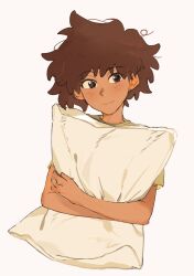 1girl amphibia anne_boonchuy brown_eyes brown_hair closed_mouth cropped_torso dark_skin grey_background head_tilt highres hugging_object jocy3 light_blush light_smile pillow pillow_hug shirt short_hair simple_background solo t-shirt upper_body