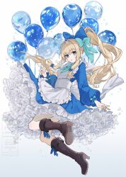 Rule 34 | 1girl, apron, balloon, blonde hair, blue bow, blue eyes, blue shirt, blue skirt, boots, bow, brown boots, floating hair, gradient background, grey background, hair bow, layered skirt, long hair, long sleeves, open mouth, original, shiromine kana, shirt, skirt, very long hair, white apron