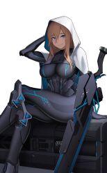 1girl absurdres blue_eyes bodysuit box cero_(last2stage) commission highres on_box orange_hair original sitting sitting_on_box skin_tight solo sword weapon white_background white_hood