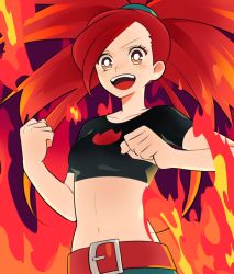 Rule 34 | 00s, 1girl, belt, blush, bright pupils, clenched hands, crop top, denim, female focus, fire, flannery (pokemon), gym leader, jeans, long hair, midriff, navel, nintendo, open mouth, orange eyes, pants, pokemon, pokemon rse, ponytail, red hair, red theme, short sleeves, smile, solo, ucchii