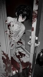 1boy absurdres bandaged_leg bandages bandaid bandaid_on_knee bandaid_on_leg barefoot black_hair blood blood_on_clothes blood_on_face blood_splatter blood_stain bloody_knife death full_body grey_eyes greyscale guro highres holding knife leaning_to_the_side looking_at_viewer male_focus monochrome murder muted_color nanin open_door original peeking_out short_hair smile solo spot_color trash_bag