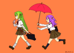 2girls alina_gray bag belt_pouch bow bowtie brown_footwear brown_skirt cleaning_rag closed_mouth from_side full_body green_hair hair_ornament hair_rings holding holding_umbrella layered_sleeves loafers long_hair long_sleeves loose_socks magia_record:_mahou_shoujo_madoka_magica_gaiden mahou_shoujo_madoka_magica misono_karin multicolored_hair multiple_girls open_mouth orange_ribbon paint_stains plaid_clothes plaid_skirt pouch purple_hair red_bow red_bowtie red_umbrella ribbon rioran running sakae_general_school_uniform school_uniform shirt shoes short_over_long_sleeves short_sleeves simple_background single_hair_ring skirt socks star_(symbol) star_hair_ornament streaked_hair umbrella walking white_shirt white_socks