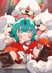 1girl brown_sandals commentary_request crossover fangs full_body geta green_eyes green_hair heart heart_print highres hisuian_growlithe horns komainu_girl komano_aunn looking_at_viewer nintendo pokemon pokemon_(creature) red_shirt sandals shirt short_eyebrows shorts species_connection touhou uchisaki_himari white_shorts