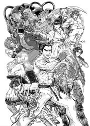 5girls 6+boys animal_mask bandage_on_nose bandana beard bryan_fury chain craig_marduk cyborg dark_persona devil_jin dress emilie_de_rochefort facial_hair fighting_stance frilled_dress frills gigas_(tekken) heterochromia highres hime_cut hood hooded_jacket jacket josie_rizal julia_chang katana kazama_jin king_(tekken) lucky_chloe mishima_kazumi_(tekken) mishima_kazuya mocaful monochrome multiple_boys multiple_girls muscular muscular_male pigtail_braids robot sandals scar scar_across_eye scar_on_face sergei_dragunov sword tagme tekken tekken_7 thighhighs torn_clothes torn_sleeves weapon wings yoshimitsu_(namco)