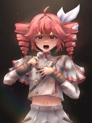 1girl ahoge belt black_background black_belt bow buttons commentary double-breasted double-parted_bangs drill_hair grey_jacket grey_skirt h3p0 hair_between_eyes hair_bow hair_ribbon hand_up hands_up highres holding holding_microphone jacket kasane_teto kasane_teto_(sv) layered_sleeves long_sleeves looking_at_viewer microphone midriff musical_staff musical_staff_print navel open_mouth red_eyes red_hair red_thighhighs ribbon shoulder_belt simple_background skirt solo striped_clothes striped_jacket synthesizer_v teeth thighhighs twin_drills upper_body utau white_background white_ribbon