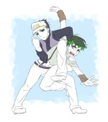 Rule 34 | 2boys, black hair, blush, commentary request, diamond wa kudakenai, foxandcat, green hair, headband, jojo no kimyou na bouken, kamiya hiroshi, kishibe rohan, kuujou joutarou, male focus, multiple boys, octopus hold, one eye closed, ono daisuke, osomatsu-san, osomatsu (series), parody, purple eyes, sakurai takahiro, voice actor connection