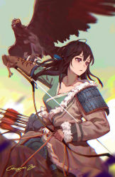 1girl arrow_(projectile) bird bow_(weapon) brown_eyes brown_gloves brown_hair closed_mouth falcon gloves gongxiao_zao green_sky highres horse horseback_archery long_hair mongolian_clothes original outdoors single_glove sky solo warrior weapon
