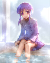 1girl blush commentary_request commission highres ilfa_(to_heart) jacket looking_at_viewer nadeara_bukichi open_mouth purple_eyes purple_hair robot_ears sitting skeb_commission skirt smile soaking_feet solo steam to_heart_(series) to_heart_2 water