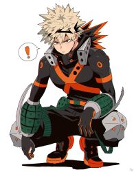 ! 1boy bakugou_katsuki belt black_pants blonde_hair boku_no_hero_academia boots commentary_request dot_nose elbow_on_knee explosive full_body gauntlets gloves grenade hair_between_eyes highres knee_pads kneeling long_sleeves looking_at_viewer male_focus mask mask_lift multicolored_gloves multicolored_shirt pants parted_bangs parted_lips red_eyes shadow shirt short_hair solo speech_bubble spoken_exclamation_mark squatting superhero_costume znjxlz