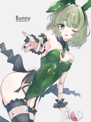 Rule 34 | ;o, absurdres, animal ear hairband, animal ears, beckoning, black thighhighs, breasts, covered navel, cup, dear0518, detached collar, drinking glass, elbow gloves, fake animal ears, gloves, green hair, green leotard, green necktie, hairband, highres, holding, holding cup, honeycomb (pattern), idolmaster, idolmaster cinderella girls, leotard, looking at viewer, mole, mole under eye, necktie, one eye closed, rabbit ear hairband, rabbit ears, short hair, short necktie, simple background, small breasts, strap, takagaki kaede, thighhighs, wine glass